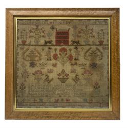 Early Victorian needlework sampler by Lois Vary, dated July 21 1843 Aged 13 Years, worked with birds flowers, butterflies, a pair of dogs flanking a house and verse 'You Youthful Maids all in your Prime mark well the Counsel..', in glazed birdseye maple frame with gilt slip, 46cm x 47cm 