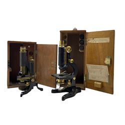 Black and lacquered brass microscope by Lennie, Edinburgh in mahogany case and another by Watson 'Kima' in oak case