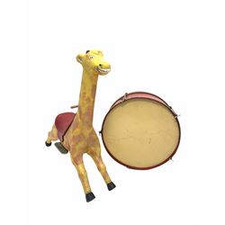 Composition ride on model of a giraffe, originally from a fair ground (H119cm) together with a early 20th century drum, bearing paper label to interior reading 'R S Kitchen & Co, orchestral and military drum makers, Leeds 14/3/29'