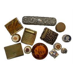 Two vintage Stratton compacts with lipstick cases, simulated tortoiseshell and other compacts, an embossed hallmarked silver brush etc 