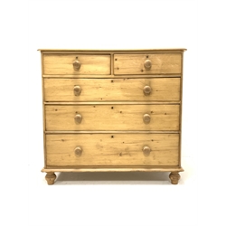 Victorian style pine chest fitted with two short and three long graduated drawers, raised on turned supports 