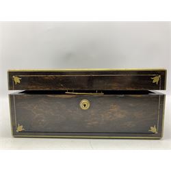 Victorian Coromandel vanity or toilet box, retailed by Asprey of 166 Bond Street, the cover brass inlaid with the monogram MMC, which opens to reveal a red velvet fitted interior with removeable mirror and lift out tray, L36.5cm x D27cm 