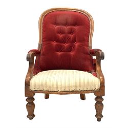 Victorian spoon back armchair, the mahogany cresting rail over upholstered back and seat, raised on turned supports W62cm