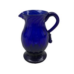 Late Georgian Bristol blue glass 'Sparrow Beak' cream jug with all-over diamond moulded panels, H10.5cm together with a Bristol blue glass bowl with gilded banding (2)