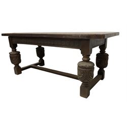 19th century Carolean design carved oak table, rectangular top over a foliate guilloche carved frieze, raised on anthemion carved baluster turned supports united by H-stretcher 