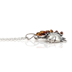 Silver amber hedgehog pendant necklace, stamped 925