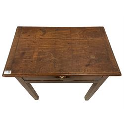 George III mahogany side table, rectangular crossbanded top with stringing and moulded edge, fitted with single cock-beaded drawer, with bone escutcheon, the brass pull handle with flower heads, raised on square supports
