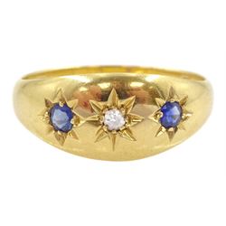 Edwardian 18ct gold gypsy set three stone sapphire and diamond ring, Birmingham 1911 