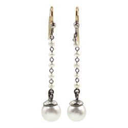 Pair of platinum white pearl and seed pearl pendant earrings, with 9ct gold fish hooks