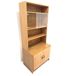 Domino Mobler - Mid 20th century teak bookcase, with two glazed doors and two open shelves, cupboard under enclosing shelf, W80cm, H183cm, D52cm