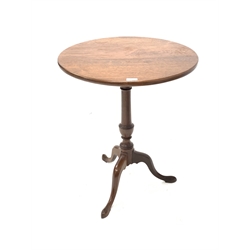 19th century mahogany tripod table, the later circular tilt top raised on turned column and three splayed supports 