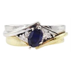 14ct white and yellow gold oval cut sapphire and cubic zirconia ring, stamped 585