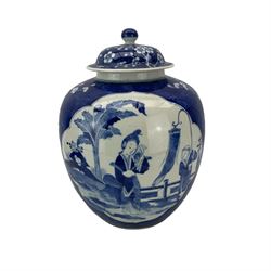 Chinese blue and white ginger jar, painted with two reserves featuring court ladies with young male attendants, to a prunus ground, with four character mark, H32.5cm