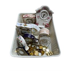 Masons, Royal Albert and other porcelain clocks, miniature brass clocks and a silver clock