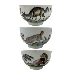 Three Meissen tea bowls, each painted in the Kakiemon palette with mythological beasts and deer amongst rockwork, and with Indianische Blumen, blue crossed swords marks beneath, D7cm x H4.5cm (3) Provenance: From the Estate of the late Dowager Lady St Oswald
