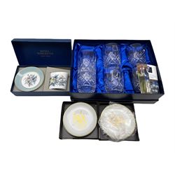 Set of six Royal Scot London pattern lead crystal tumblers, Royal Worcester porcelain set and two  Oakley Fine China pin dishes, all boxed