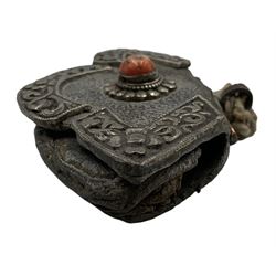 19th century Tibetan tinder pouch with white metal mounts and cabochon coral W12cm