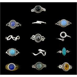 Thirteen silver and stone set silver rings including moonstone, pearl, turquoise and black onyx, all stamped