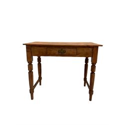 Victorian stained hardwood side table, fitted with one drawer, raised on turned supports W92cm