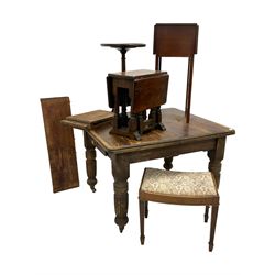 Victorian pine dining table (107cm x 91cm, H76cm), Georgian design wine table, Georgian design dished stool on fluted supports, small oak drop leaf occasional table and 19th century mahogany drop leaf work table, one leaf hinging downwards to reveal storage compartment (5)