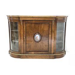 19th century walnut credenza sideboard, centre cupboard with Sevres style plaque, enclosed by two glazed curved display doors W153cm, H103cm, D40cm 