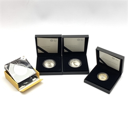 Four The Royal Mint silver proof coins, all dated 2020, two five pounds from 'The Tower of London Coin Collection' being 'The Royal Menagerie' and 'The White Tower', two pound coin 'The 75th Anniversary of VE Day 2020' and a half-ounce coin 'Queen', all cased with certificates