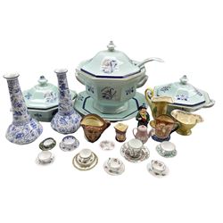 Group of miniature porcelain teacups and saucers including Coalport, Crown Staffordshire, Spode etc, Crown Devon Lustrine Fielding's sugar bowl and milk jug, Adams Calyx Ware large soup tureen with ladle and stand, together with two tureens, pair of Burleigh ware vases and other ceramics 