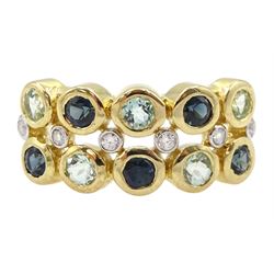 9ct gold round sapphire, beryl and white zircon three row ring, hallmarked 