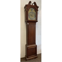  Early 20th century eight day longcase clock, swan neck pediment over turned pilasters, 12