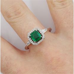 18ct white gold cushion cut emerald and round brilliant cut diamond ring, with tapered baguette diamond shoulders, emerald approx 1.00 carat