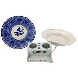 19th century French faience inkwell, painted with sprigs in sepia cobalt and green W17cm, a 19th century Spanish tin glazed blue and white bowl and an 18th/ 19th century French faience shaving bowl with makers mark for Sceaux (3)