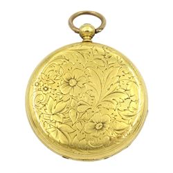 Early 20th century 18ct gold open face ladies cylinder pocket watch, the back case with engraved flower decoration