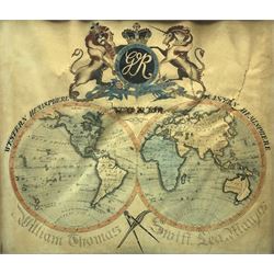 William Thomas Swift, Sea Man (early 19th century): hand-drawn and coloured map of the western and eastern hemispheres, surmounted by the royal coat of arms dated 1825, 51cm x 60cm