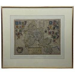 Philip Lea (British fl.1683-1700) and Christopher Saxton (British c1540-c 1610): 'A Map of Oxfordshire With the Roads'  with the arms of the colleges, 17th century engraved map with hand-colouring, pub. and sold by Philip Lea at the Atlas & Hercules in Cheapside London c.1690, 37cm x 49cm