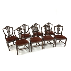Set eight (6+2) mahogany Hepplewhite style shield back dining chairs, pierced and fluted splats carved with wheat sheaf's, drop in upholstered seat pads, raised on square tapered and moulded supports terminating in peg feet, W51cm 