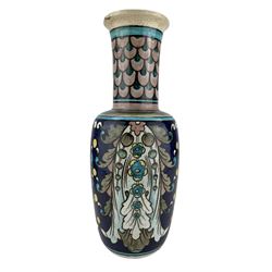 Burmantofts Faience Anglo-Persian vase, designed by Leonard King, of shouldered form, painted with stylized flowers and foliage against a blue ground, impressed factory marks, model no. 167, incised D.619, 2892 and artists monogram LK, H30cm