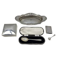 Silver oval sweetmeat dish with floral moulded border W24cm Chester 1912, Maker S Blanckensee, 3.2oz, silver square cigarette box, silver book match holder and a cased silver tea spoon