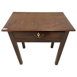 George III mahogany side table, rectangular crossbanded top with stringing and moulded edge, fitted with single cock-beaded drawer, with bone escutcheon, the brass pull handle with flower heads, raised on square supports