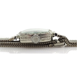 Swiss Art Deco 18ct white gold ladies cocktail watch, with diamond bezel, London 1929, on white gold mesh strap stamped 9ct  