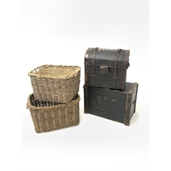 Early 20th century dome topped and canvas covered wicker basket, with lift out tray to interior (W61cm) together with a canvas covered pine box, initialled 'W.E.W.' (W76cm) and two wicker baskets (W74cm)
