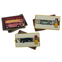 Pair of Tri-ang Minic Motorways Rolls Royce Silver Clouds M1541 in grey and black livery, in original boxes with oil bottles and a Minic Motorways double decker bus (3)