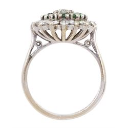 18ct white gold demantoid garnet and round brilliant cut diamond cluster ring, London 1974