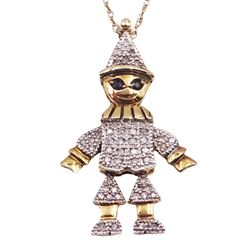 9ct gold pave diamond set clown pendant necklace, with sapphire eyes