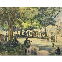 Feeding Pigs in the Town Square, 20th century watercolour unsigned 36cm x 44cm