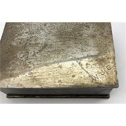 Silver rectangular cigarette box engraved with initials W13cm Birmingham 1945, silver pepperette and matching salt and an early 19th century glass bottle with silver cover