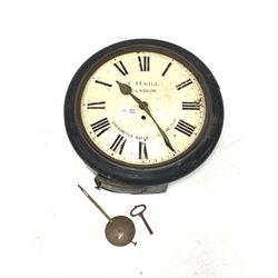 Late 19th century station clock, in circular ebonised case, white enamel dial with Roman chapter ring inscribed 'F. Sewill, Glasgow Chronometer maker to the Royal Navy' single fusse movement