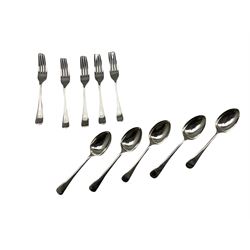 Five silver dessert spoons engraved with a monogram and five dessert forks Sheffield various dates circa 1920 Maker Atkin Bros 15.3oz