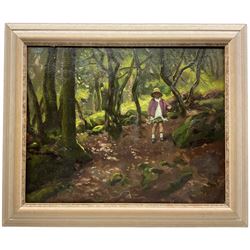Charles H H Burleigh (British 1875-1956): Girl Walking Through the Woods, oil on canvas signed 41cm x 51cm