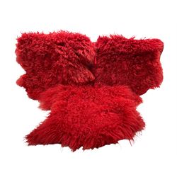 Eight Mongolian sheepskin seat pads in red, plus four additional pads and one loose sheepskin cover