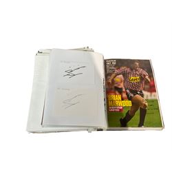 Mostly British footballing autographs and signatures including, Stuart Pierce, Bryan Roy, Brian Clough, Stan Collymore, Mark Crossley, Darren Anderton etc, in one folder